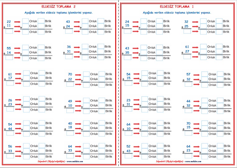 2. Sınıf Matematik Eldesiz Toplama İşlemi (2 sayfa)