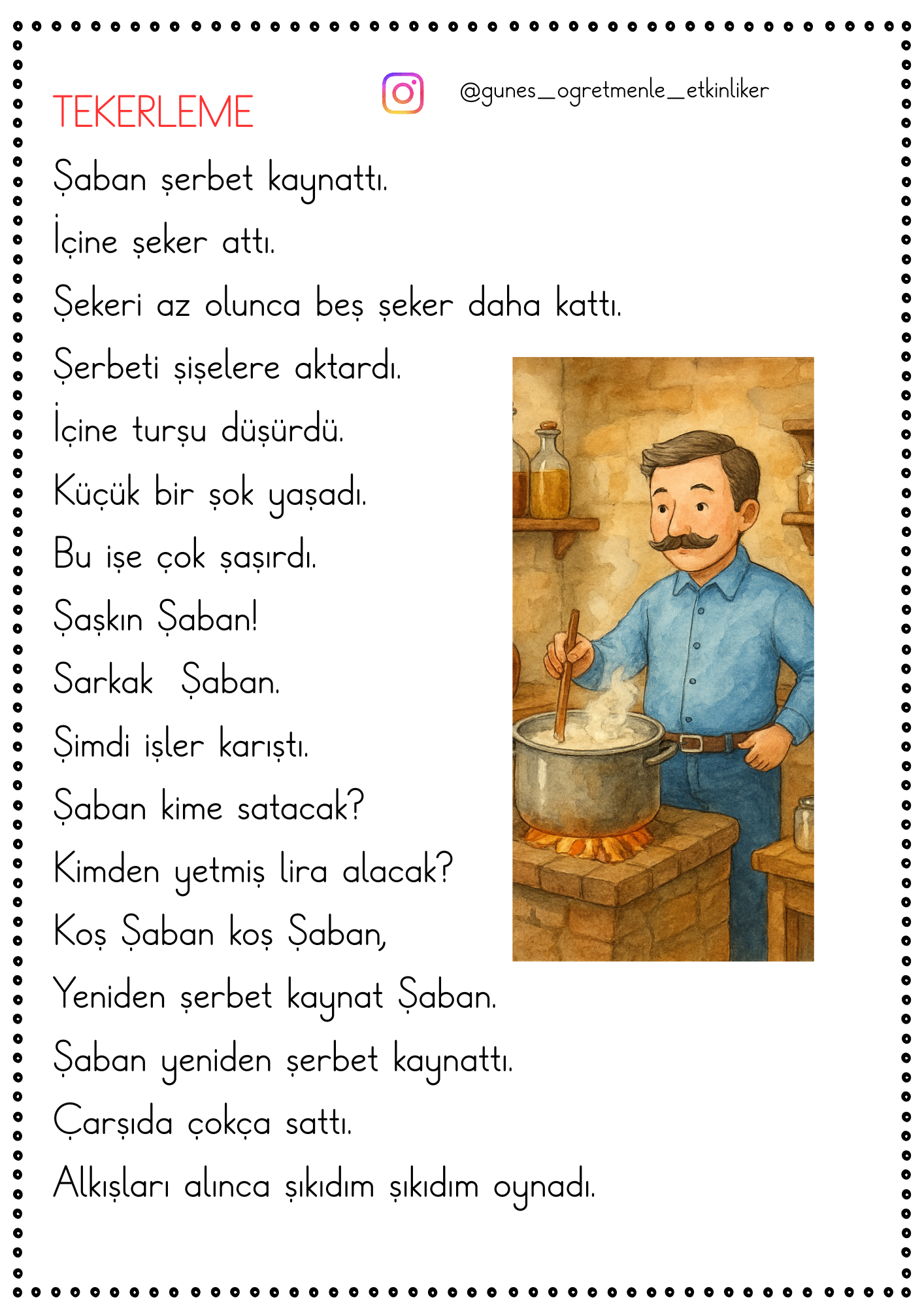 1. Sınıf İlk Okuma Yazma Ş Sesi Tekerleme ve Okuduğunu Anlama Metinleri