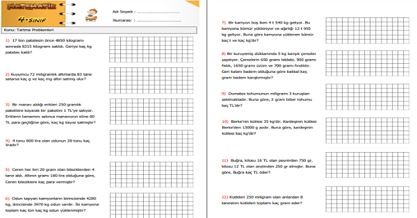 4. Sınıf Matematik Tartma Problemleri Etkinliği 1