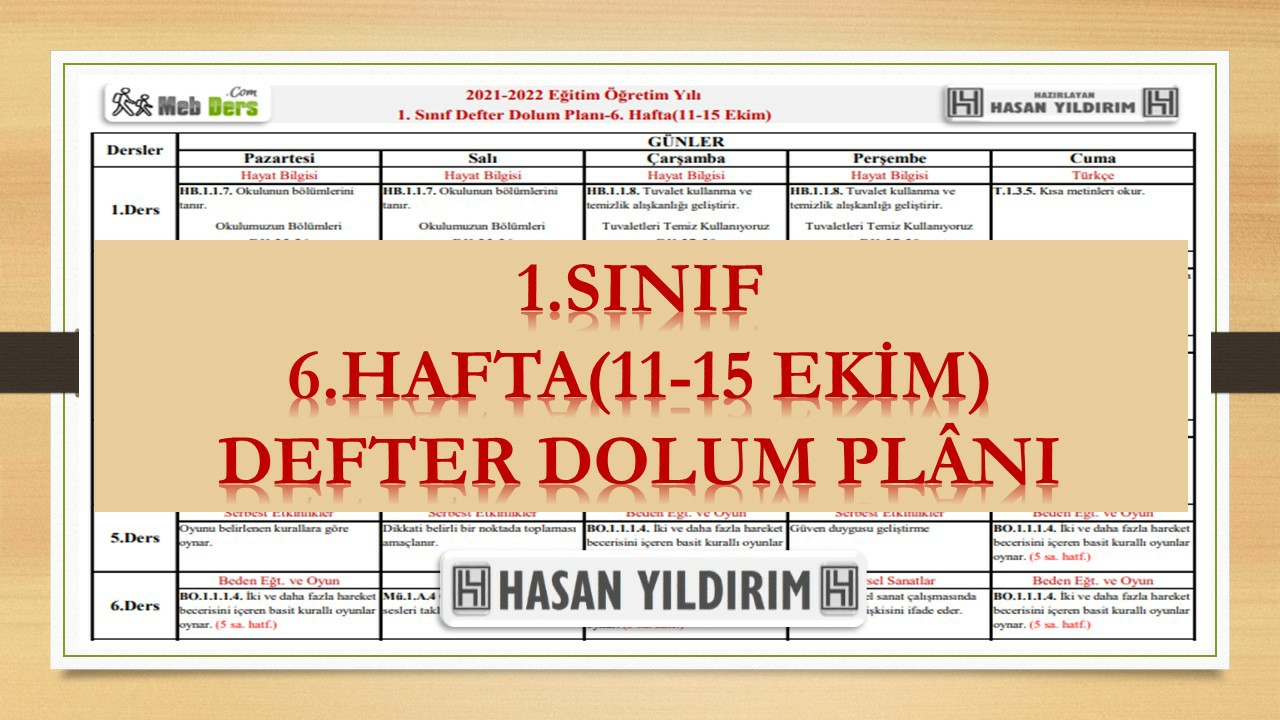 1. Sınıf 6.Hafta(11-15 Ekim) Defter Dolum Planı