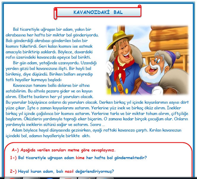 2. Sınıf Türkçe Kavanozdaki Bal Okuma Anlama Metin Çalışması