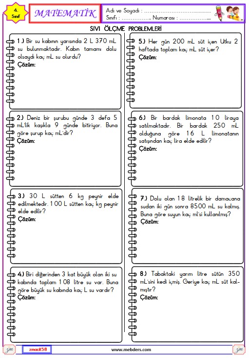 4. Sınıf Matematik Sıvılar ile İlgili Ölçme Problemleri Etkinliği 4