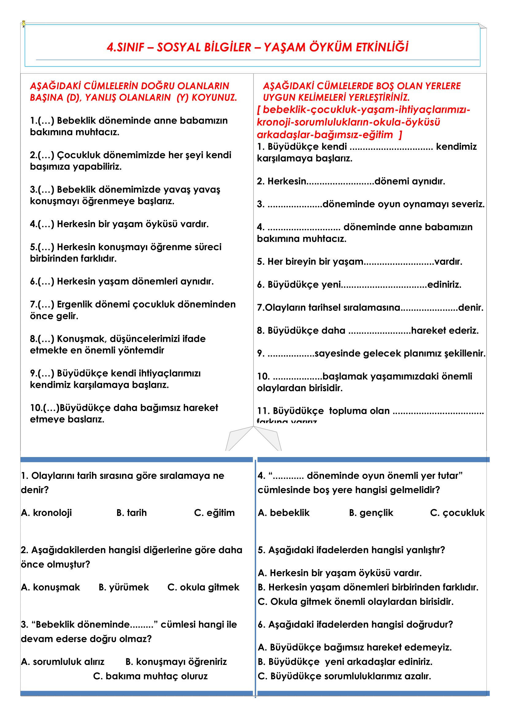 4. Sınıf - Sosyal Bilgiler - Yaşam Öyküm Etkinliği