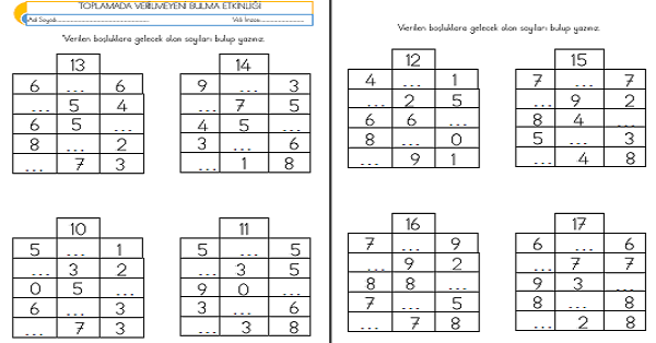 1. Sınıf Matematik Toplamada Verilmeyeni Bulma Etkinliği-2
