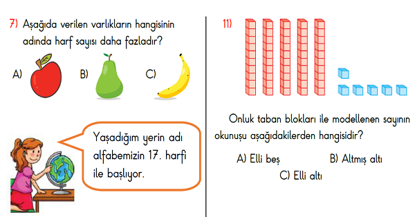 2. Sınıf Haftalık Kazanım Değerlendirme Testi 1.Hafta (11-15 Eylül)