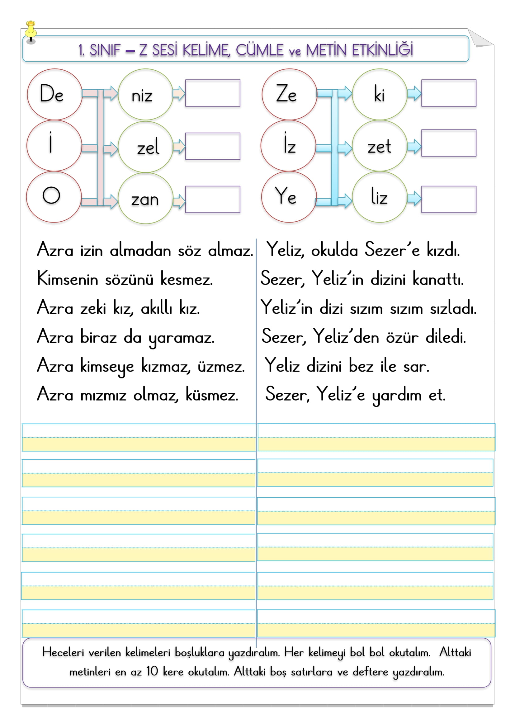 1. Sınıf  İlk Okuma Yazma Z Sesi Kelime, Cümle ve Metin Etkinliği