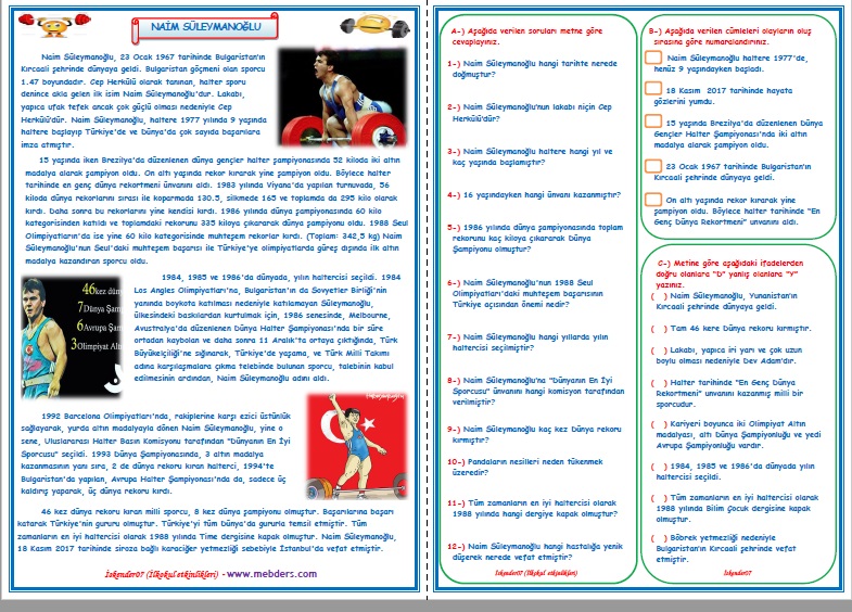 4. Sınıf Türkçe Naim Süleymanoğlu Okuma Anlama ve Metin Çalışması 5