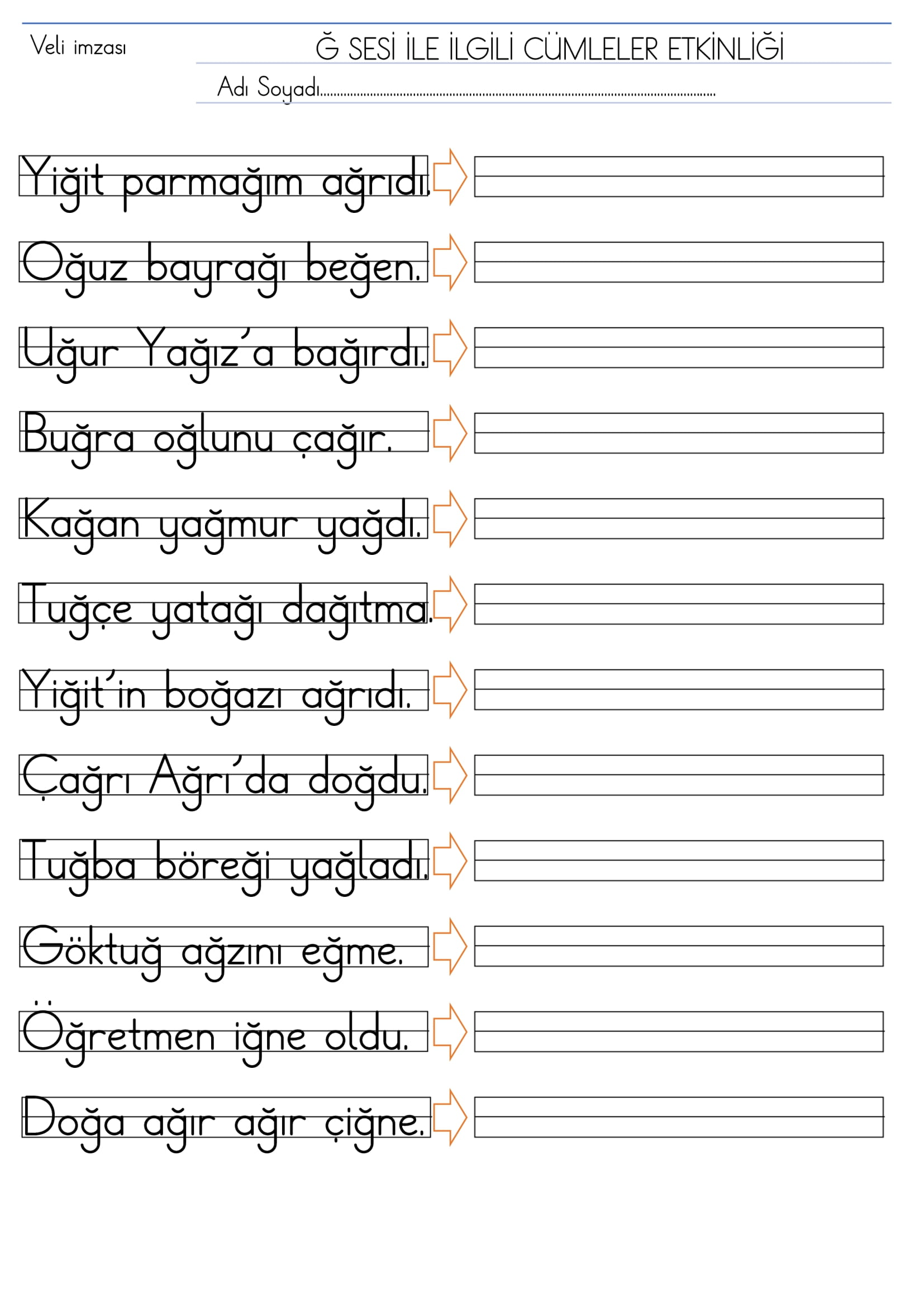 1. Sınıf İlk Okuma Yazma Ğ-ğ Sesi Cümleler Etkinliği