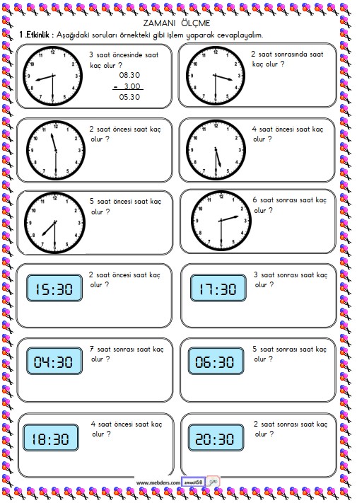 2. Sınıf Matematik Zamanı Ölçme, Saat Etkinliği 32