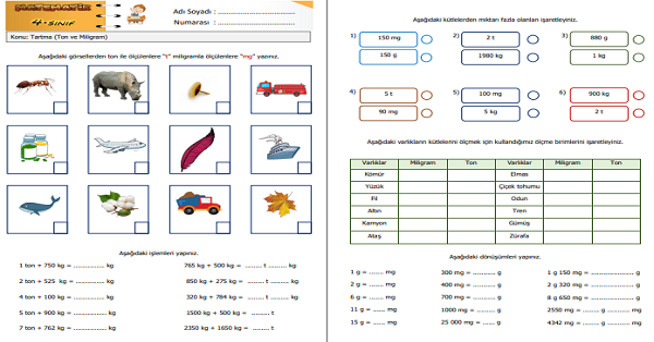 4. Sınıf Matematik Tartma (Ton ve Miligram) Etkinliği