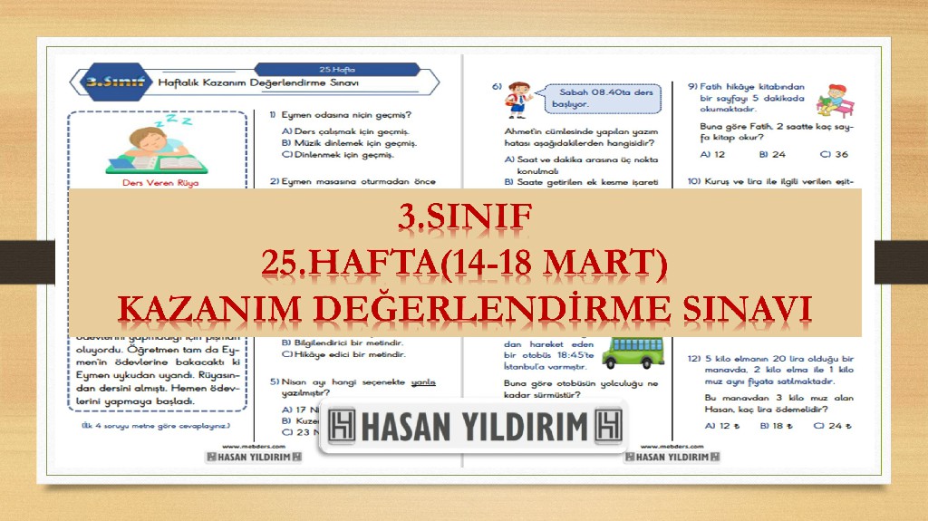 3. Sınıf Haftalık Değerlendirme Testi-25.Hafta(14-18 Mart)