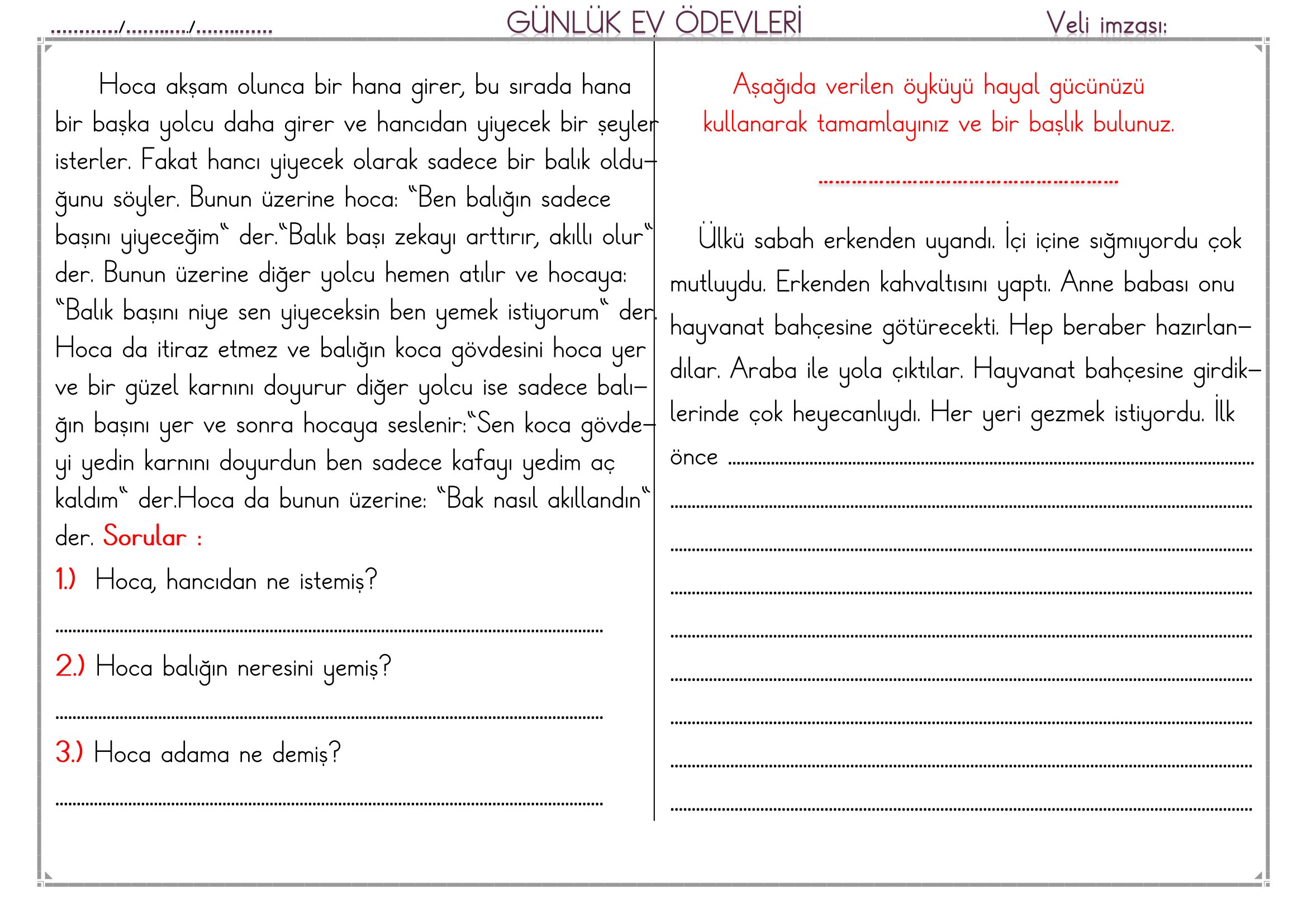 1. Sınıf - 23 Şubat 2026 Günlük Ev Ödevleri