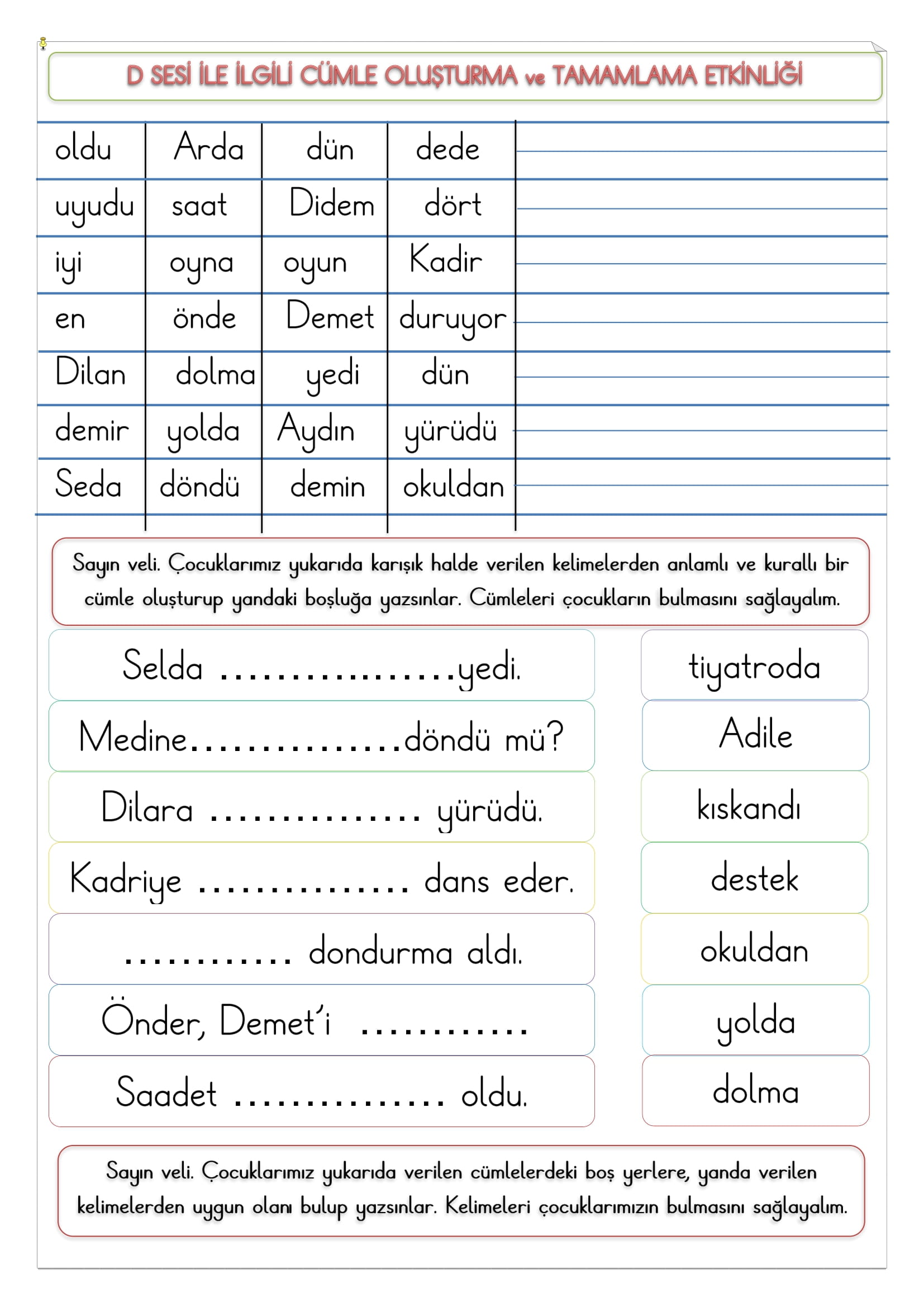 1. Sınıf İlk Okuma Yazma D Sesi Cümle Oluşturma ve Tamamlama Etkinliği