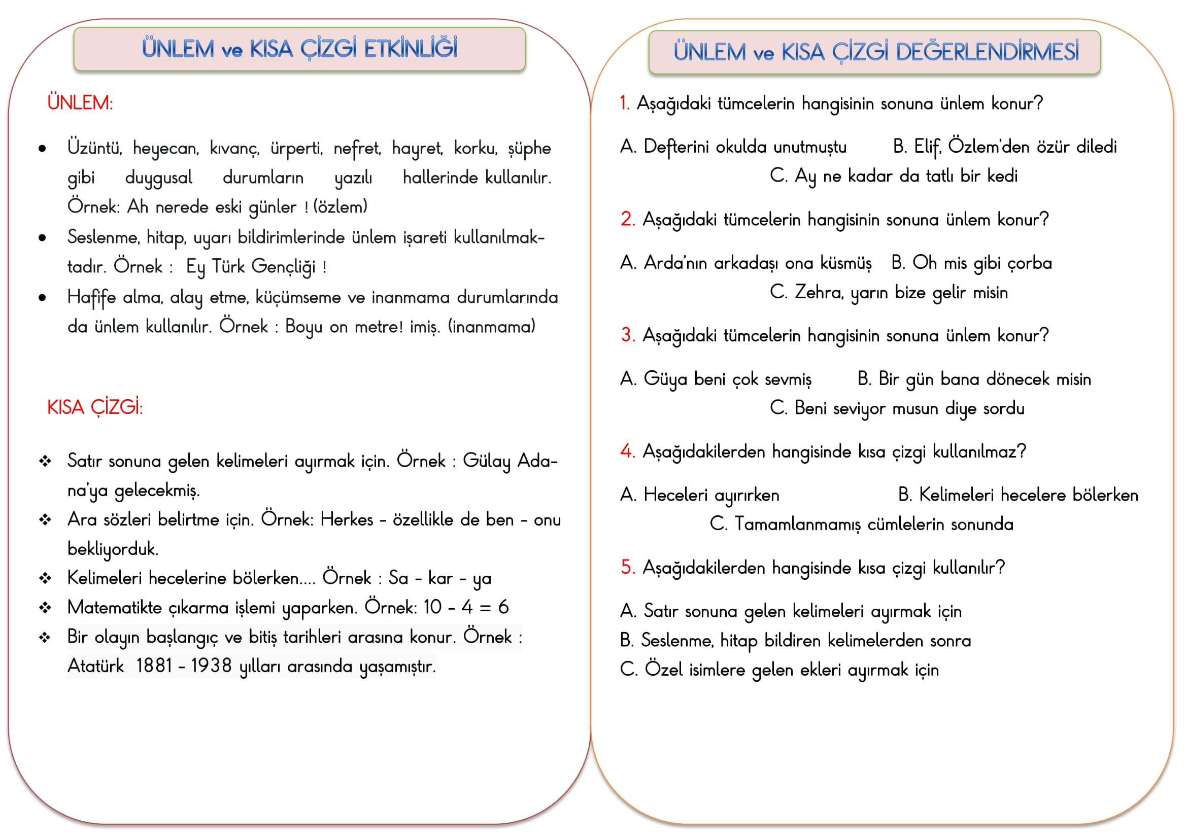 2. Sınıf Türkçe DilBilgisi Ünlem ve Kısa Çizgi Konu Özeti