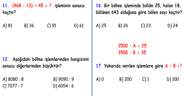 4. Sınıf Matematik Bölme İşlemi Yaprak Test-5