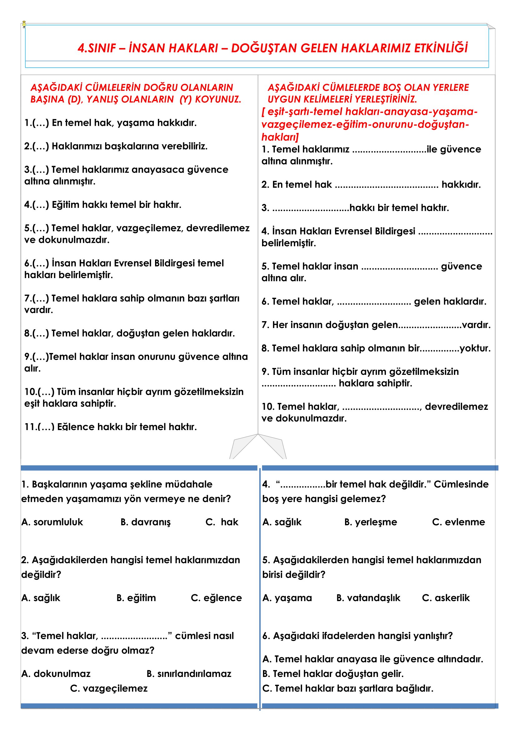 4. Sınıf - İnsan Hakları Doğuştan Gelen Haklarımız Etkinliği