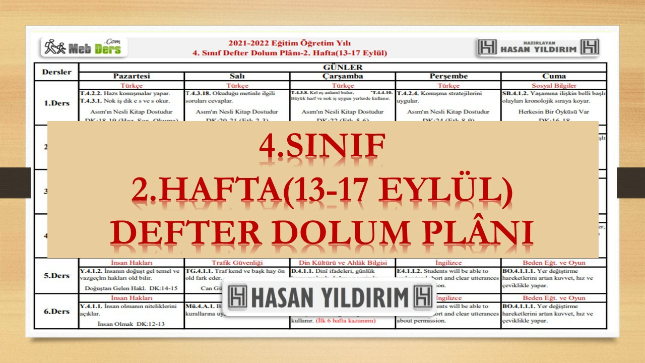 4. Sınıf 2.Hafta(13-17 Eylül) Defter Dolum Planı