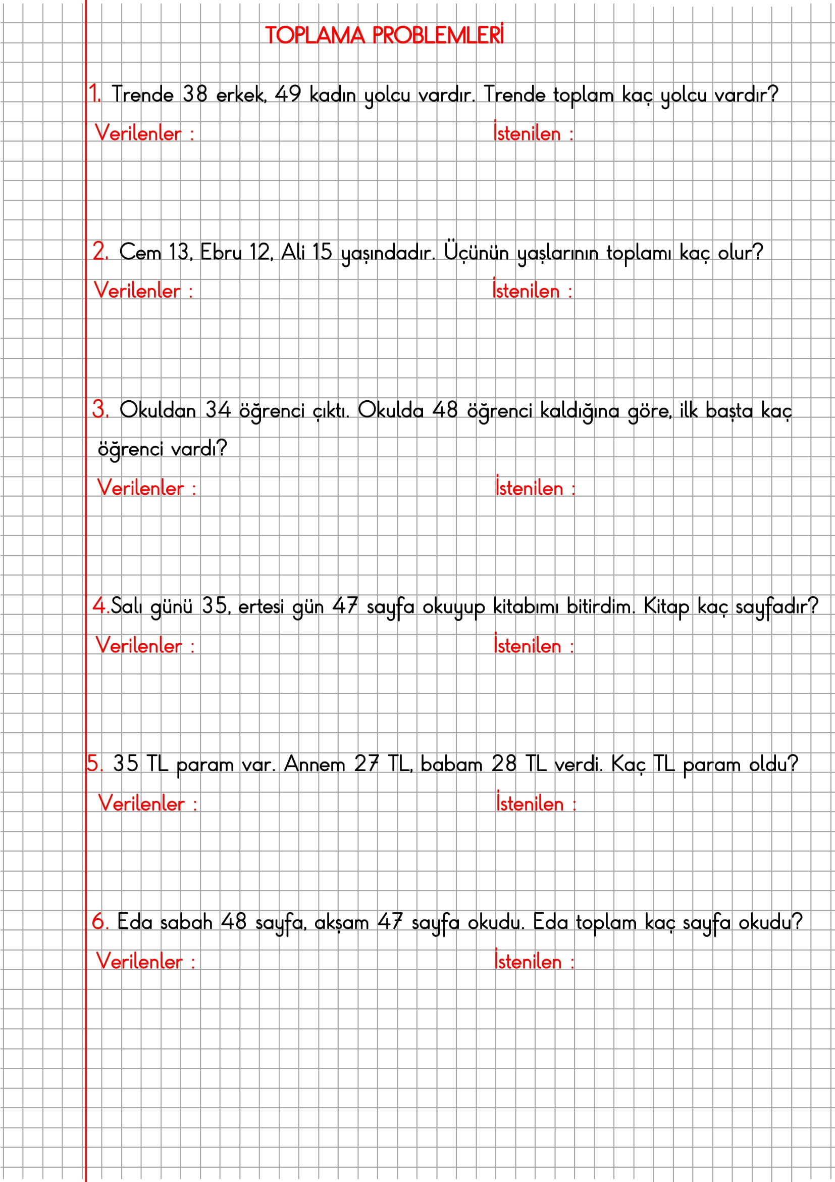 2. Sınıf Matematik Kareli Defterde Toplama Problemlerii