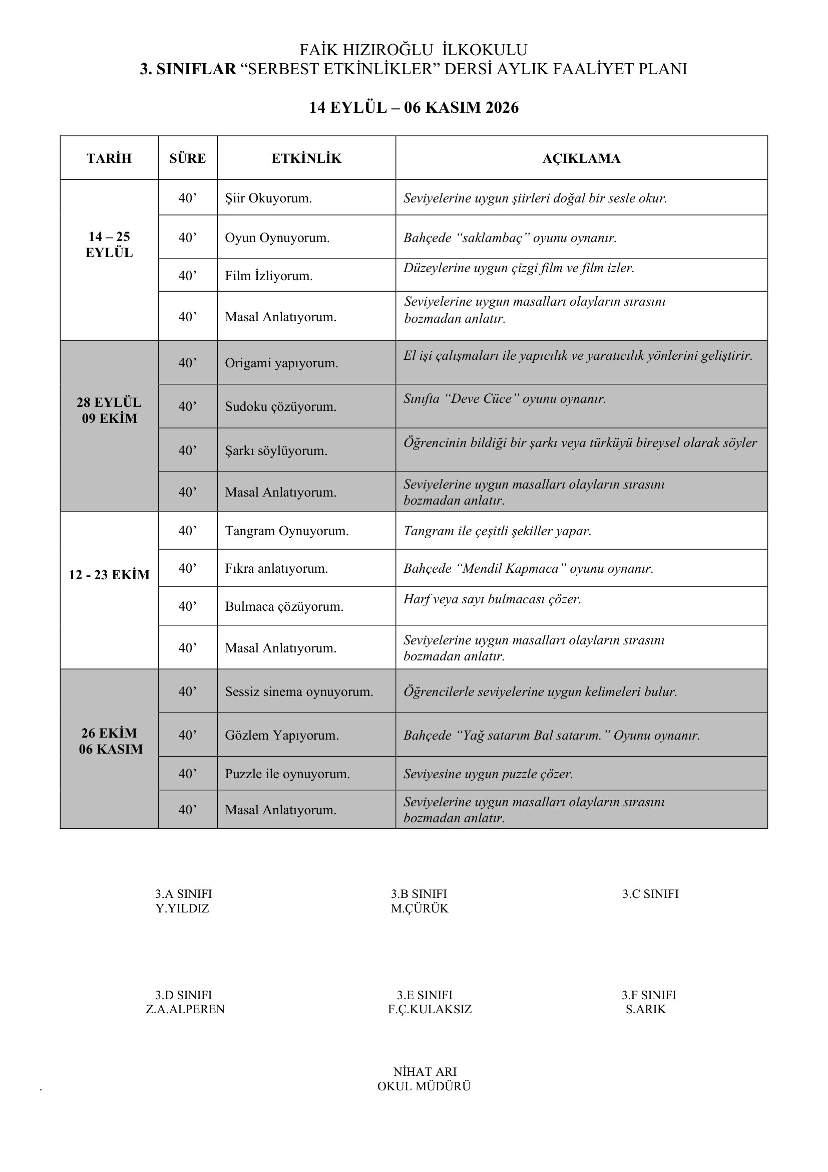 3.Sınıf 14 Eylül - 16 Ekim 2026 Serbest Etkinlik Planı.doc