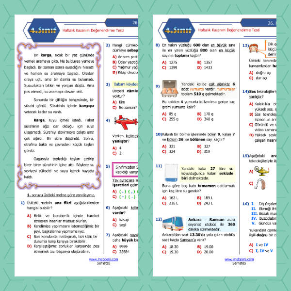 4. Sınıf Haftalık Değerlendirme Testi - 26. Hafta