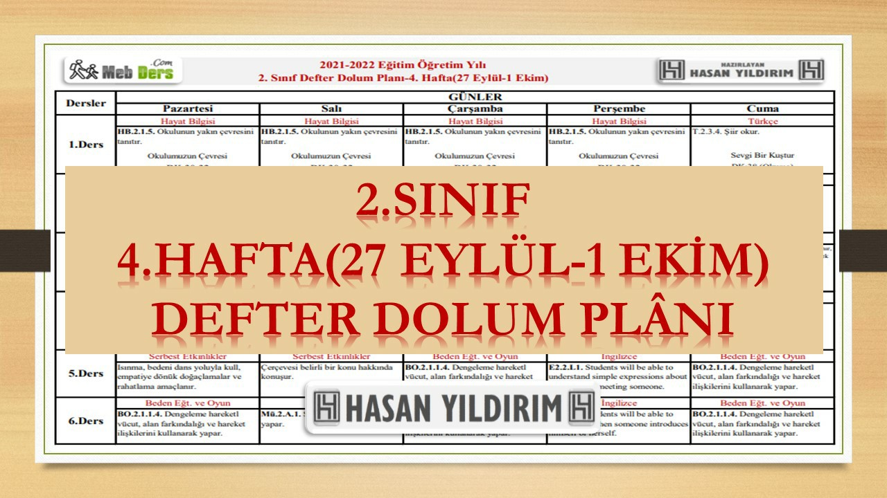 2. Sınıf 4.Hafta(27 Eylül-1 Ekim) Defter Dolum Planı