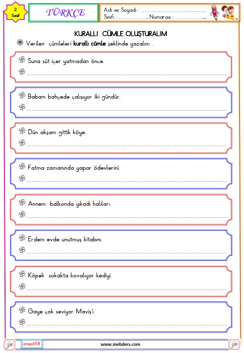 2. Sınıf Türkçe Kurallı Cümle Oluşturma Etkinliği 5