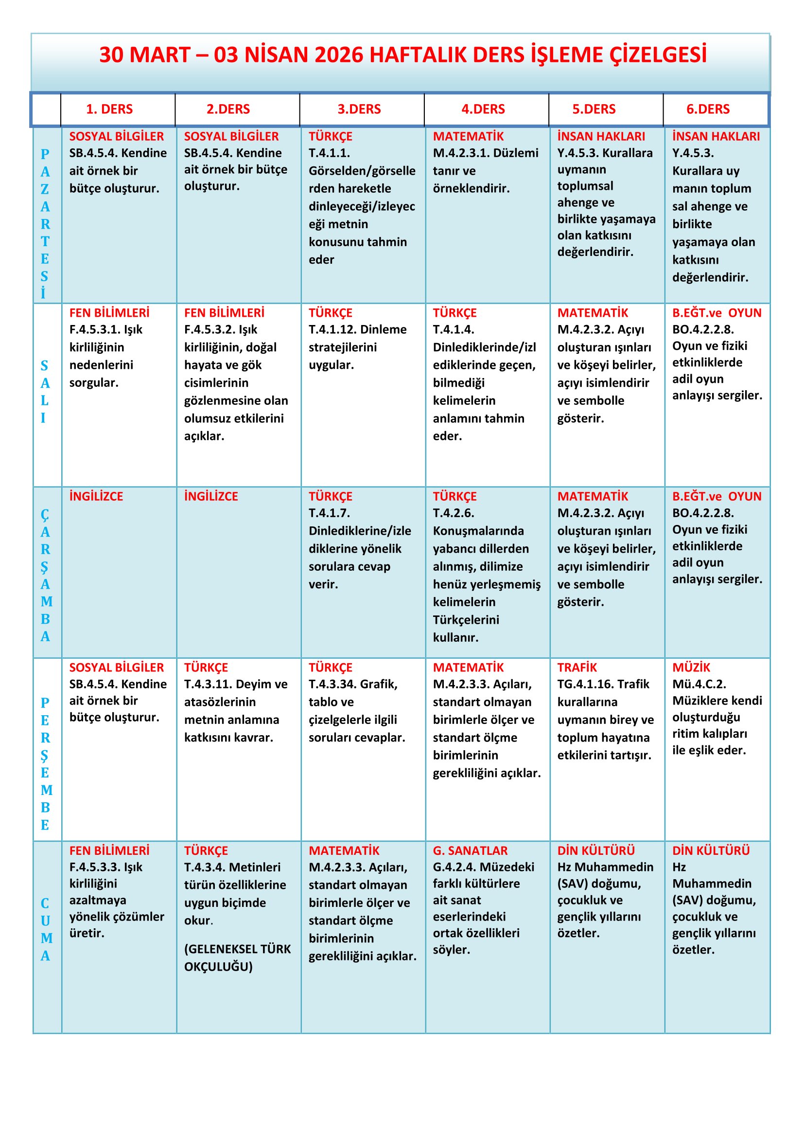 4. Sınıf 30 Mart - 03 Nisan 2026 Haftalık Ders İşleme Çizelgesi.doc