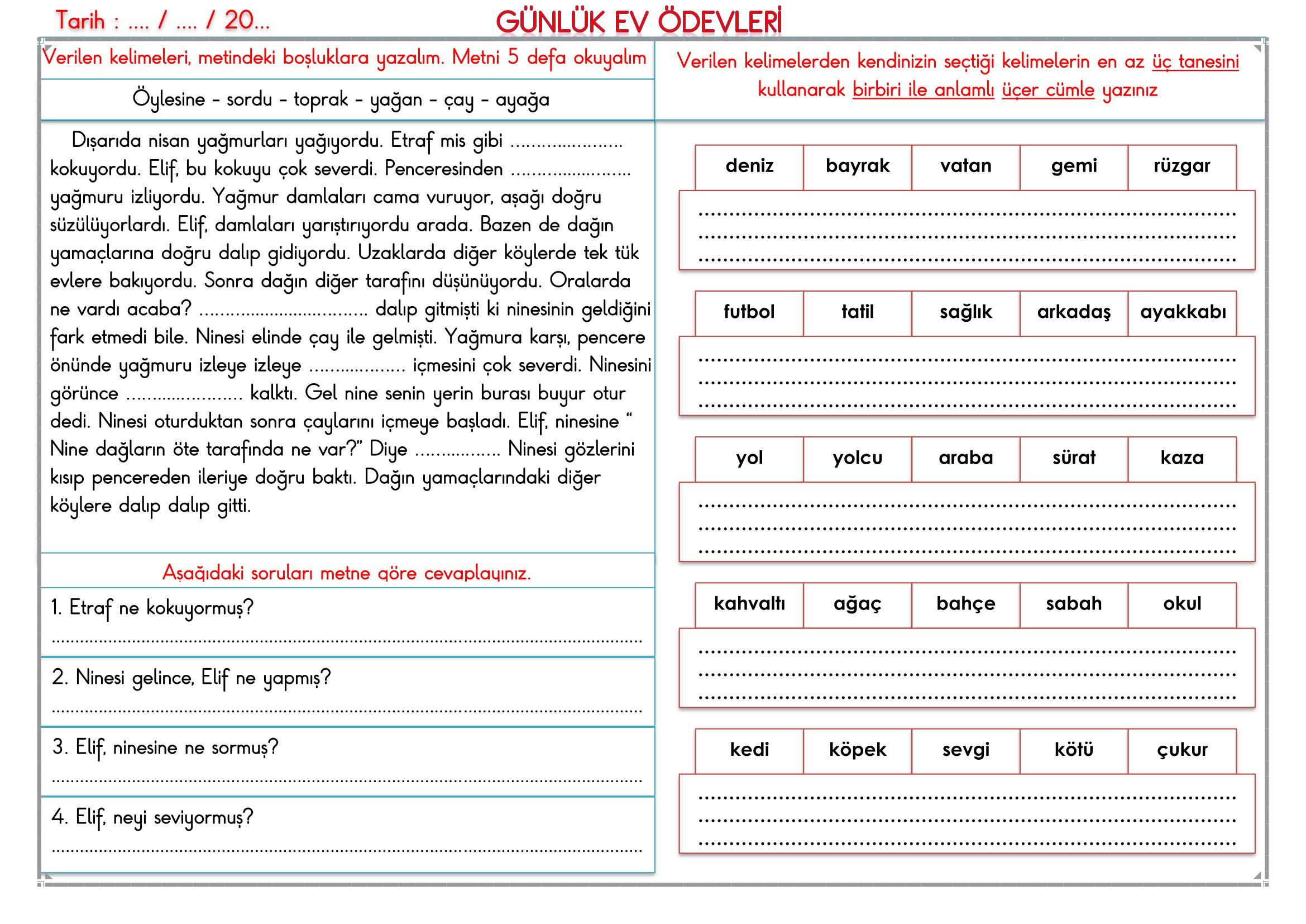 2. Sınıf - 06 Mart 2026 Günlük Ev Ödevleri