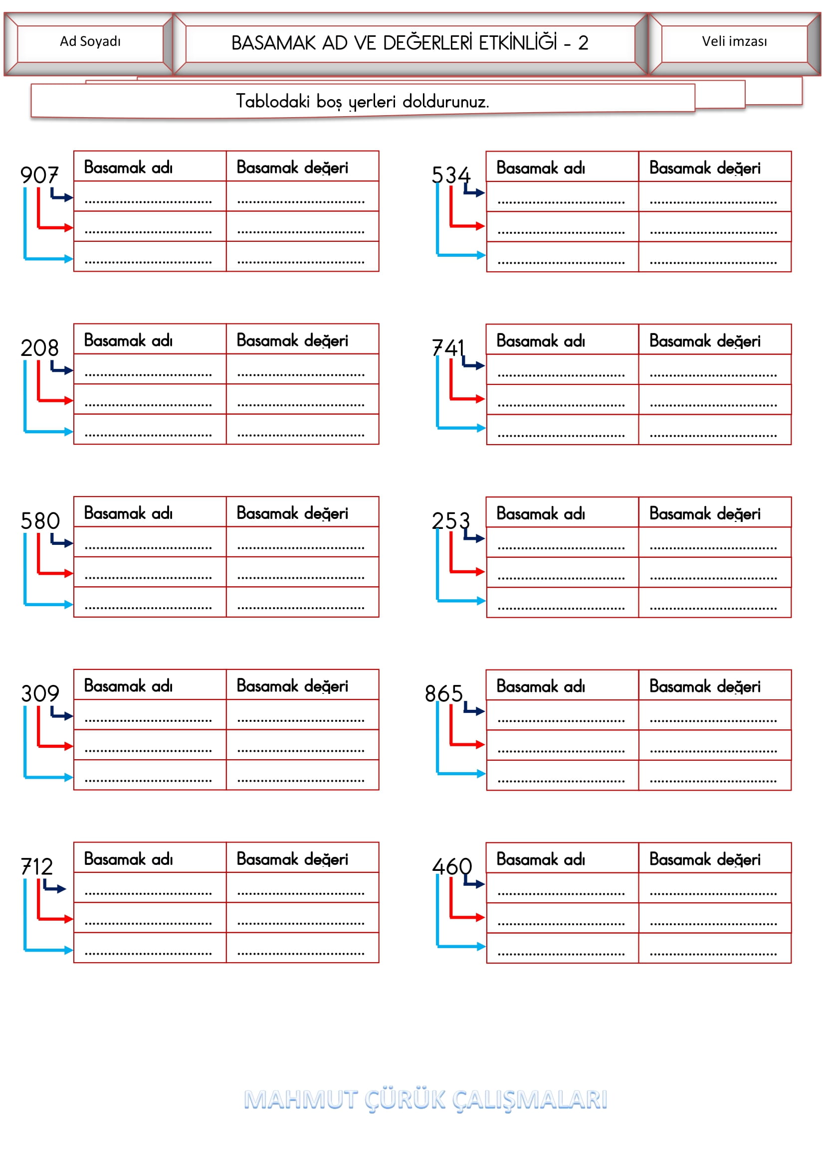 3. Sınıf - Matematik Basamak Ad ve Değerleri Etkinliği-2