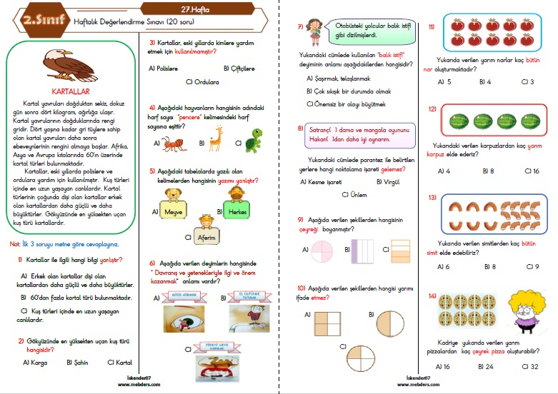 2. Sınıf Haftalık Değerlendirme Testi - 27.Hafta (03-07 Nisan)