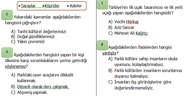 3. Sınıf Hayat Bilgisi Ülkemizde Hayat Ünite Değerlendirmesi