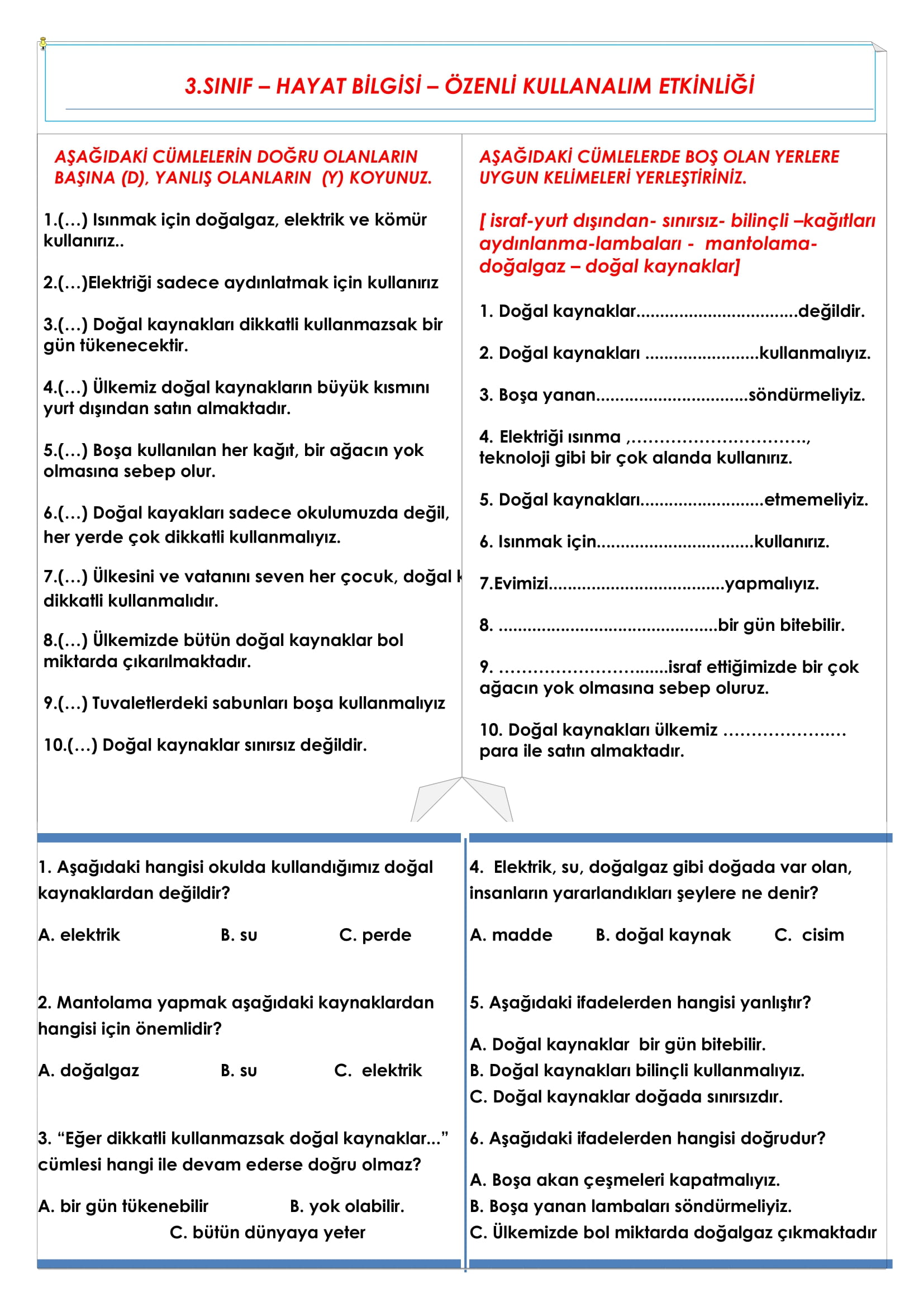 3. Sınıf - Hayat Bilgisi Özenle Kullanalım Etkinliği
