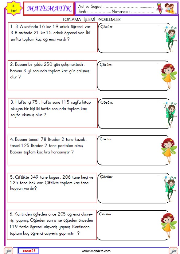 3. Sınıf Matematik  Toplama İşlemi Problemleri Etkinliği  3