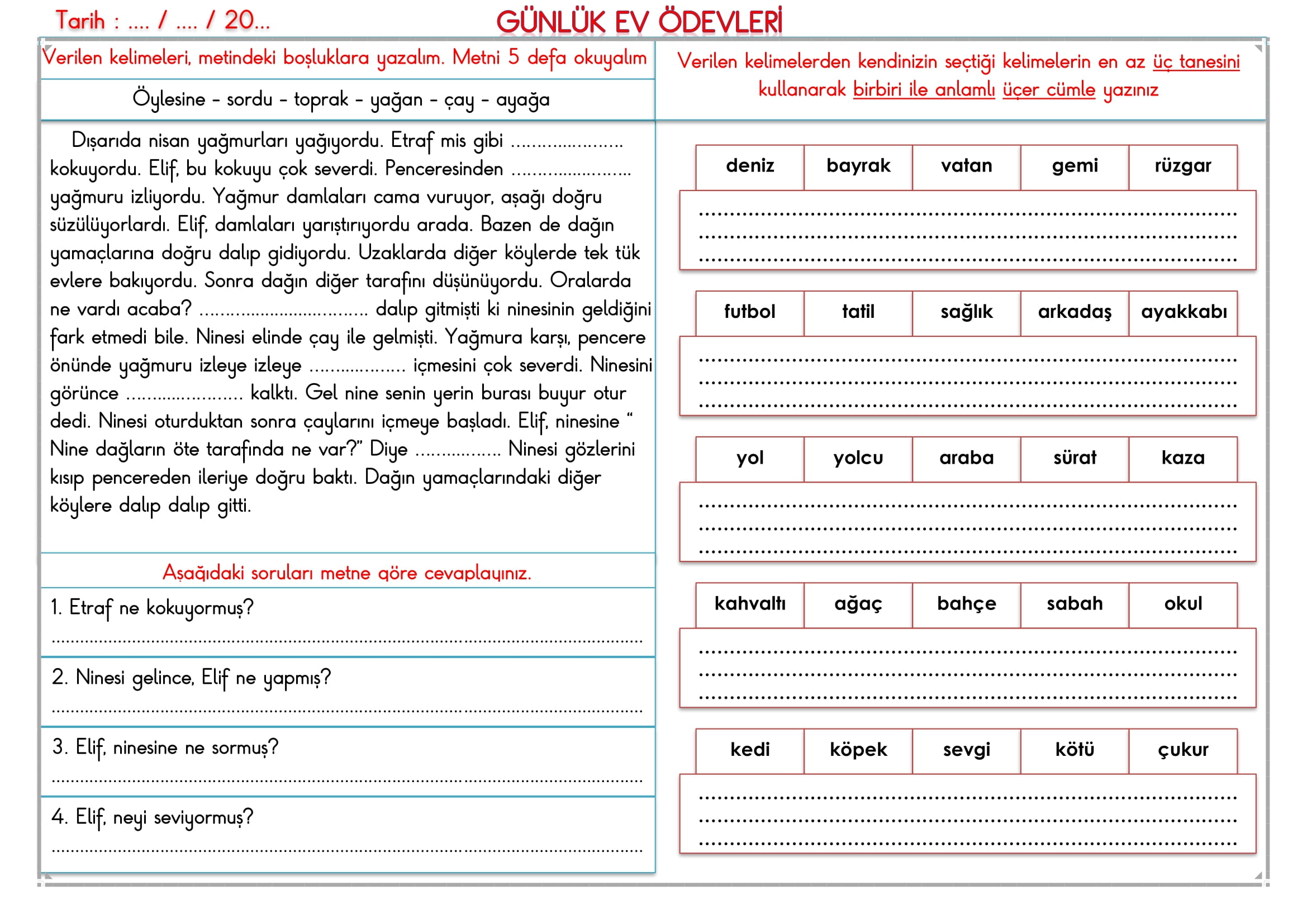 2. Sınıf 07 Mart 2025 Günlük Ev Ödevi