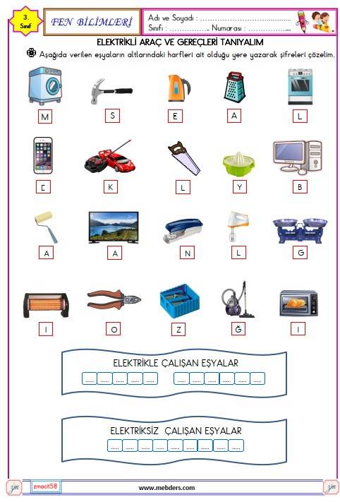 3. Sınıf Fen Bilimleri Elektrikli Araç ve Gereçleri Tanıyalım Etkinliği 3