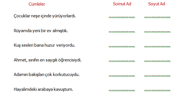 4. Sınıf Türkçe Somut ve Soyut Ad Etkinliği 2