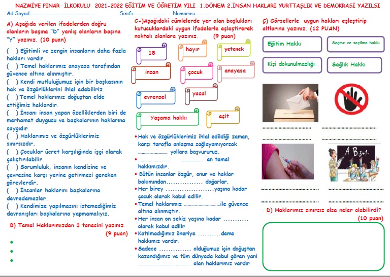 4. Sınıf  İnsan Hakları, Yurttaşlık ve Demokrasi  Dersi  1.Dönem  2.Yazılısı