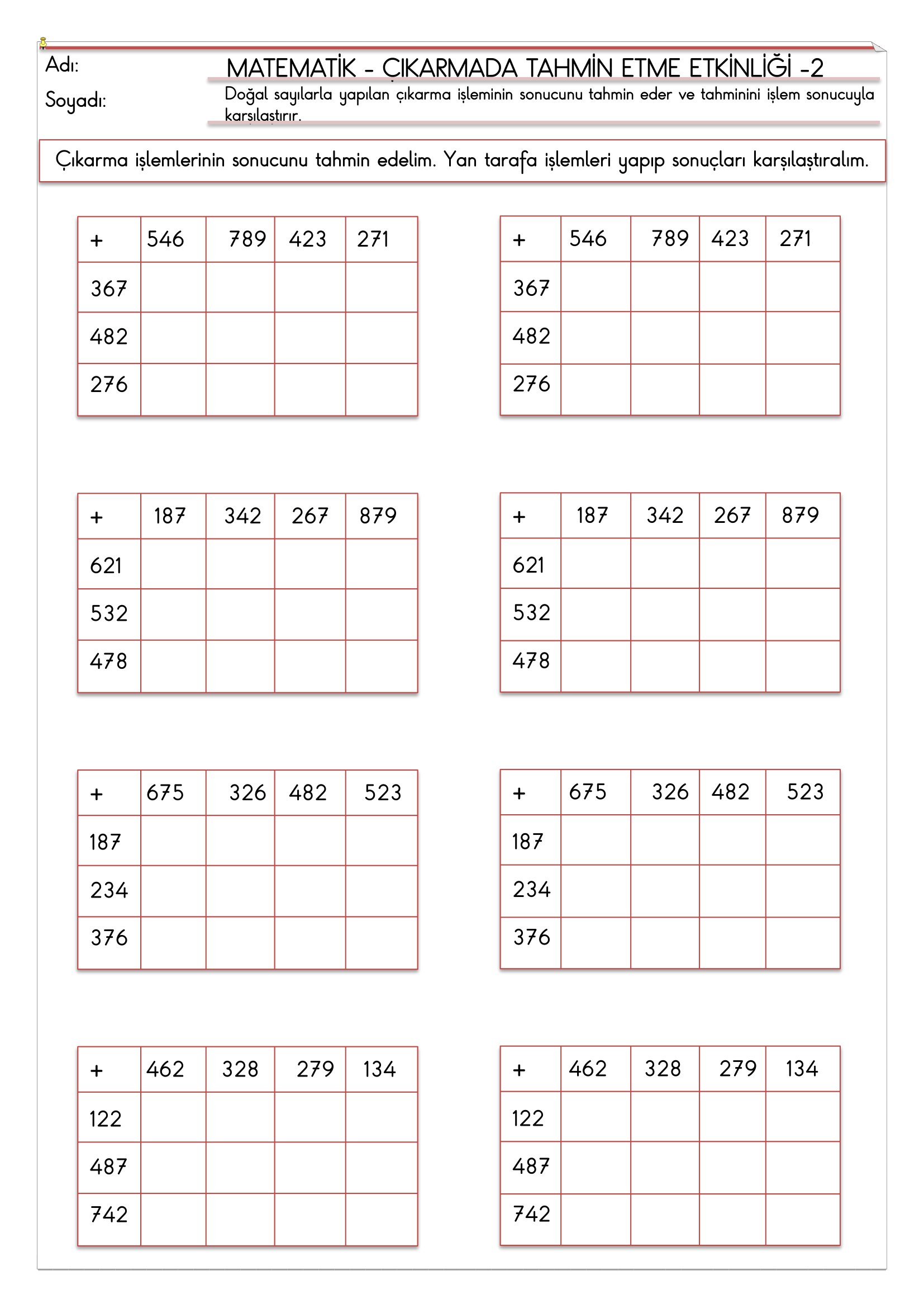 4. Sınıf - Matematik - Çıkarmada Tahmin Etme Etkinliği-2
