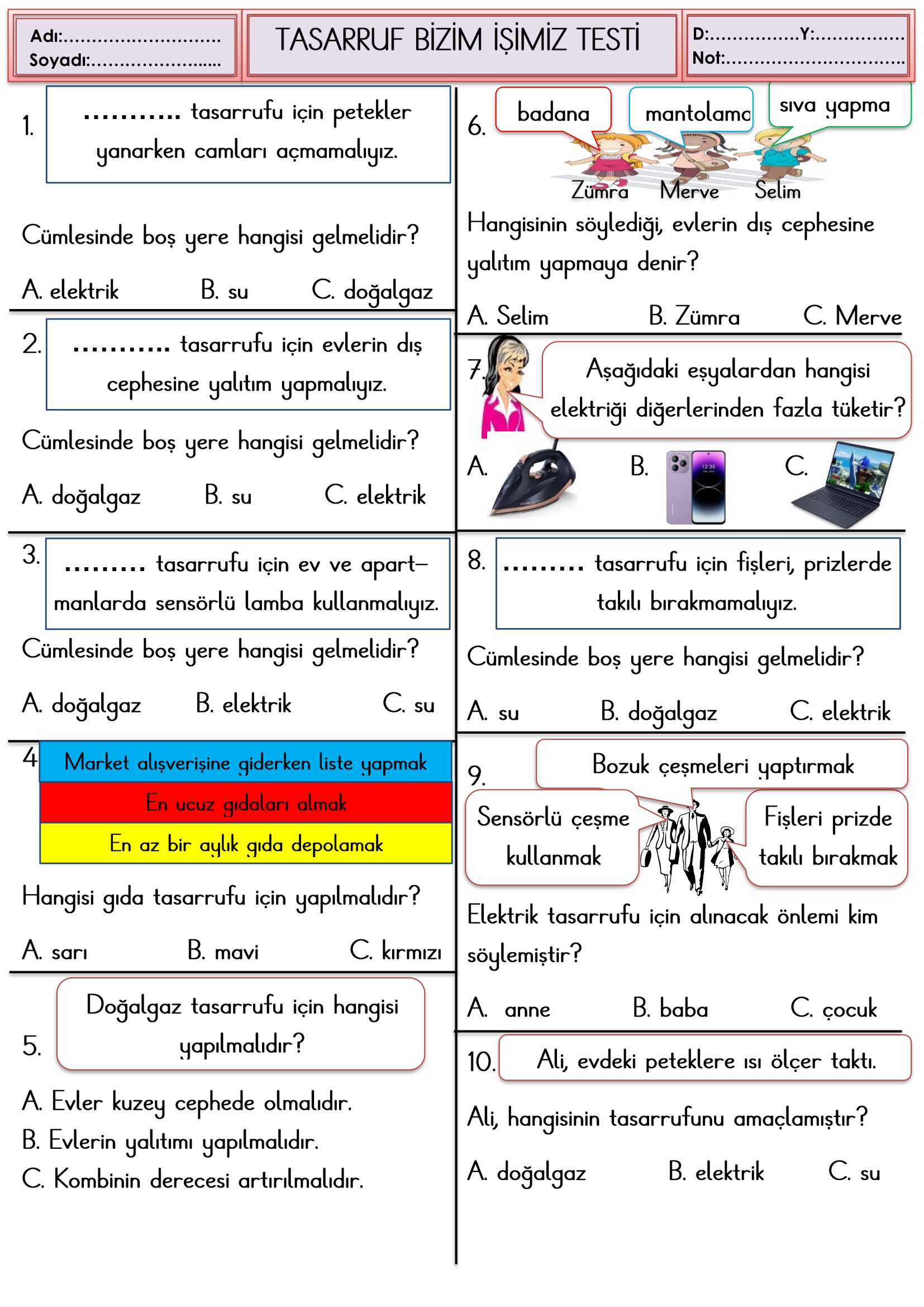 2. Sınıf Hayat Bilgisi Tasarruf Bizim İşimiz Testi