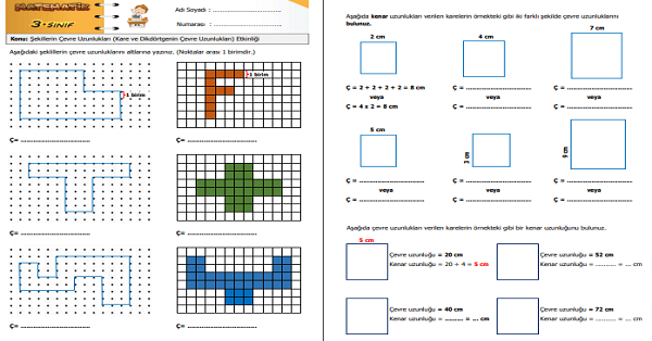 3. Sınıf Matematik Şekillerin Çevre Uzunlukları (Kare ve Dikdörtgenin Çevre Uzunlukları) Etkinliği