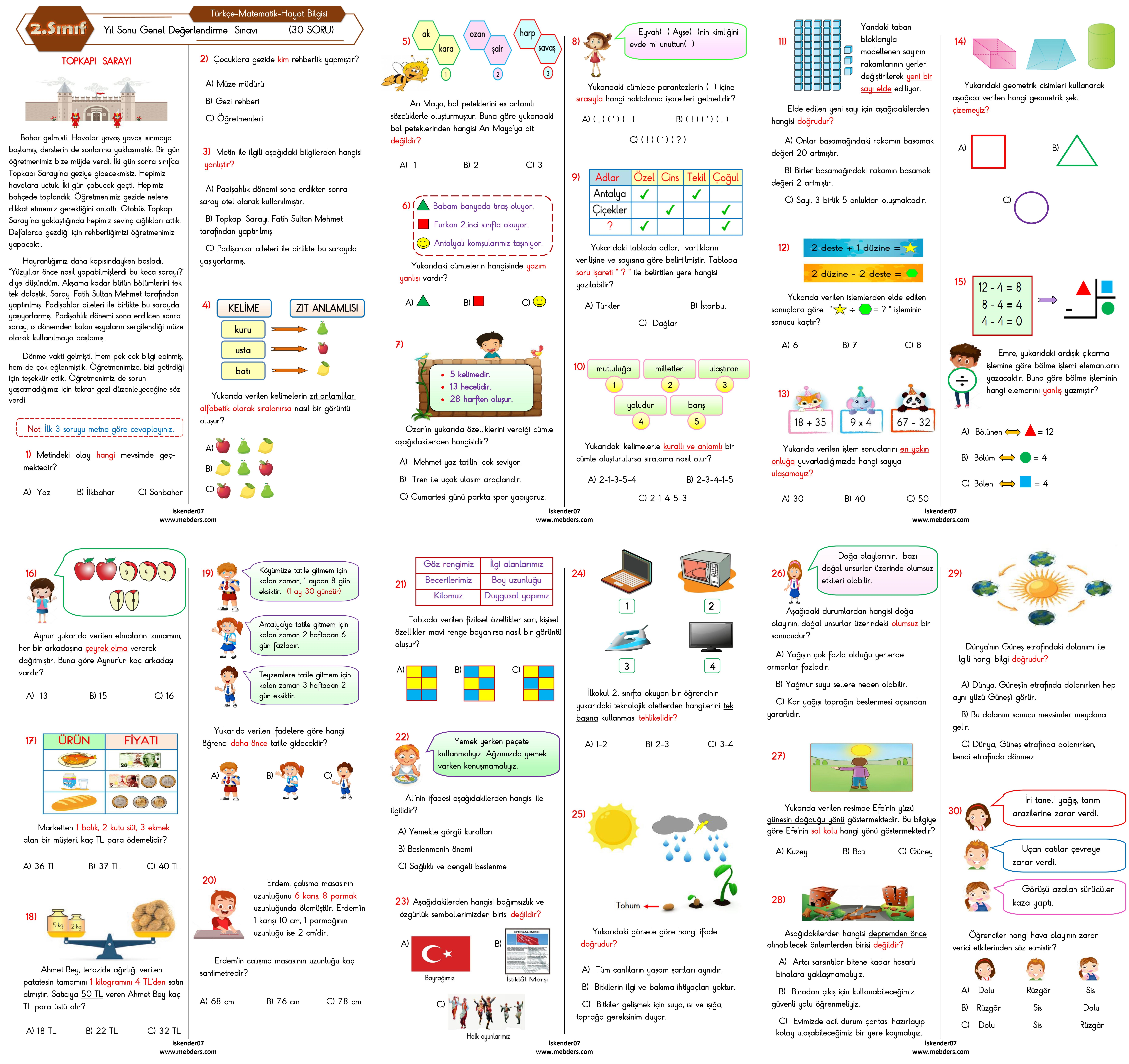 2. Sınıf Yıl Sonu Genel Değerlendirme Sınavı   (30 Soru - PDF )