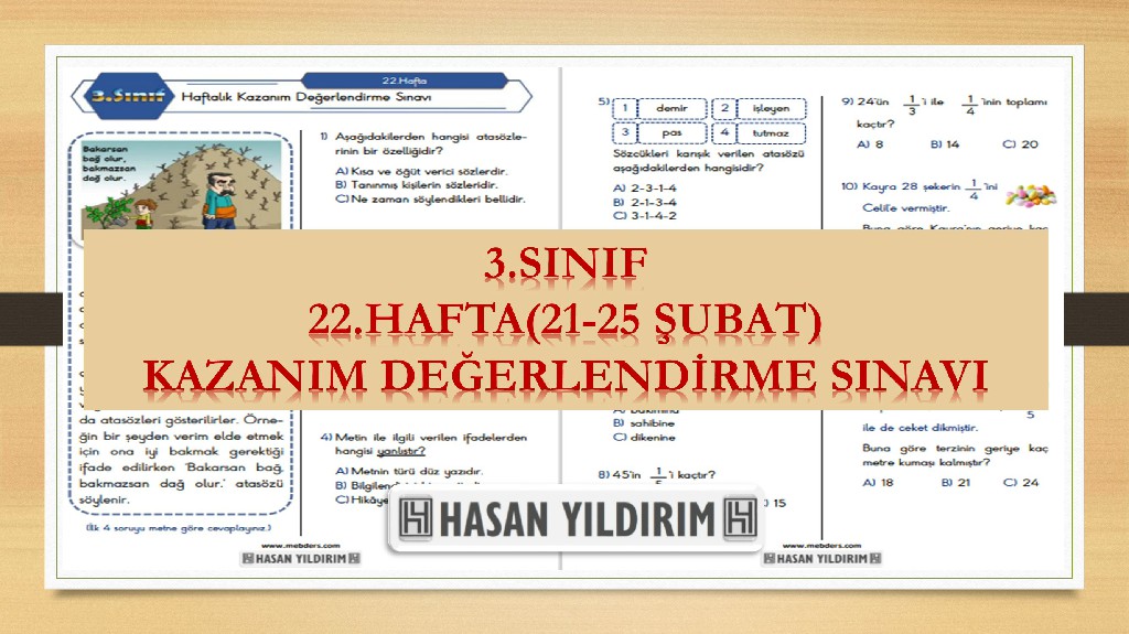 3. Sınıf Haftalık Değerlendirme Testi-22.Hafta(21-25 Şubat)