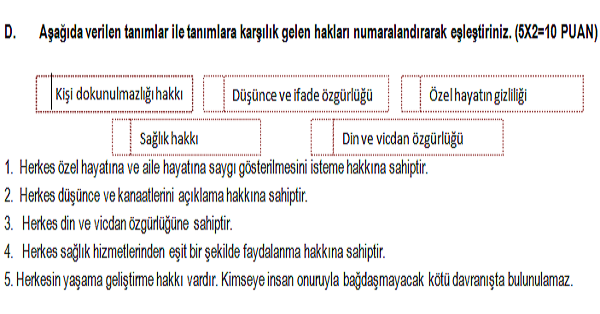 4. Sınıf İnsan Hakları Yurttaşlık ve Demokrasi Dersi 1.Dönem 2.Yazılı Sınavı