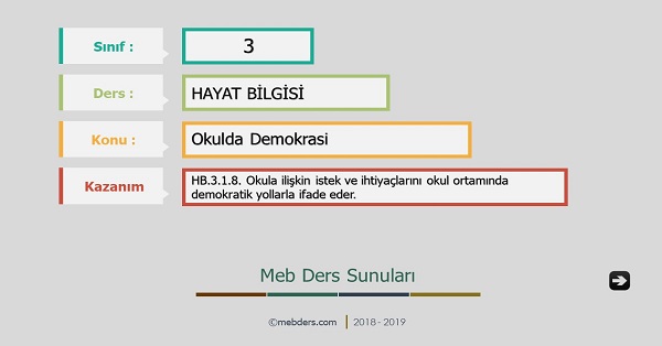 3. Sınıf Hayat Bilgisi Okulda Demokrasi Sunusu