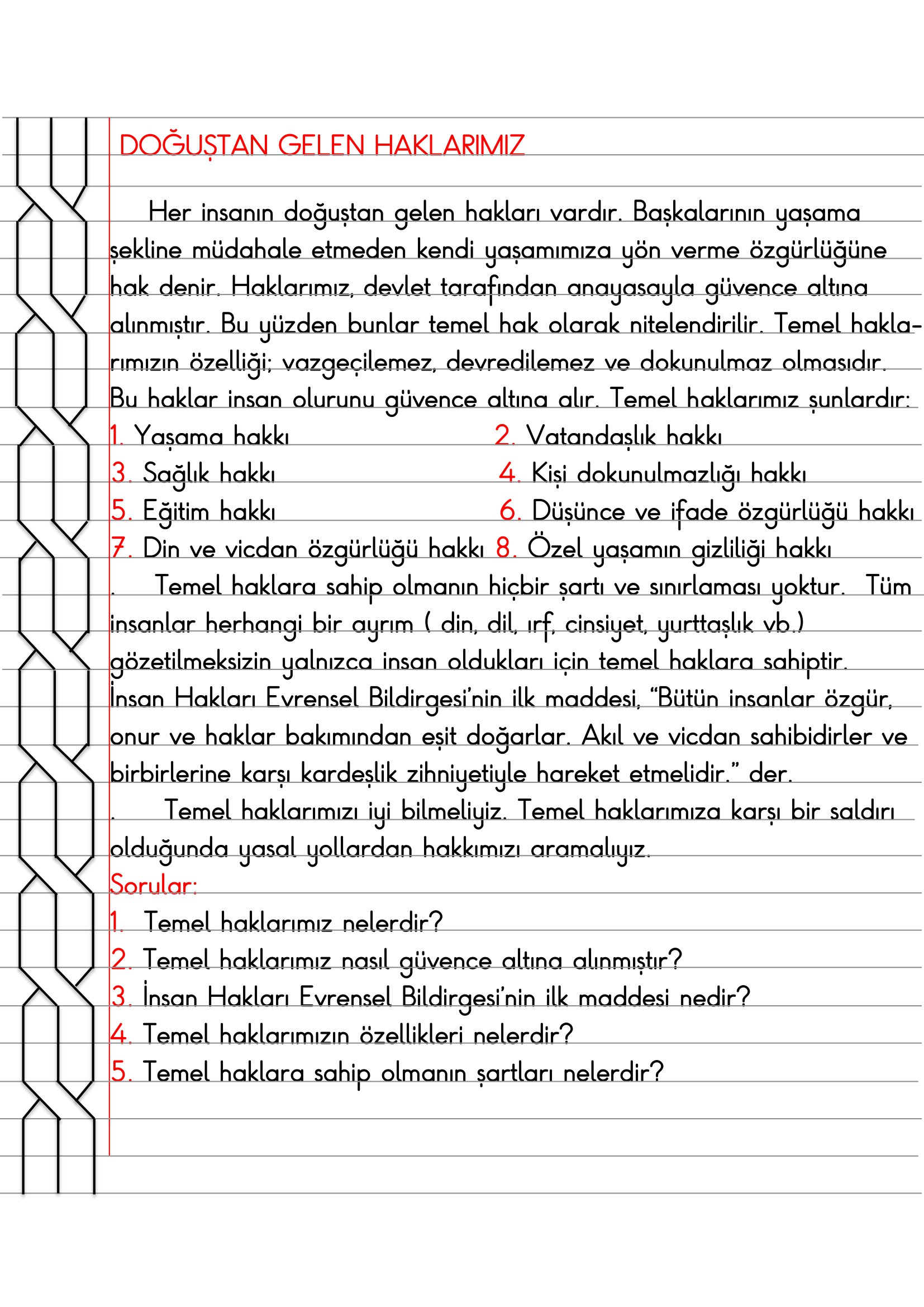 4. Sınıf - İnsan Hakları Doğuştan Gelen Haklarımız Defter Özeti