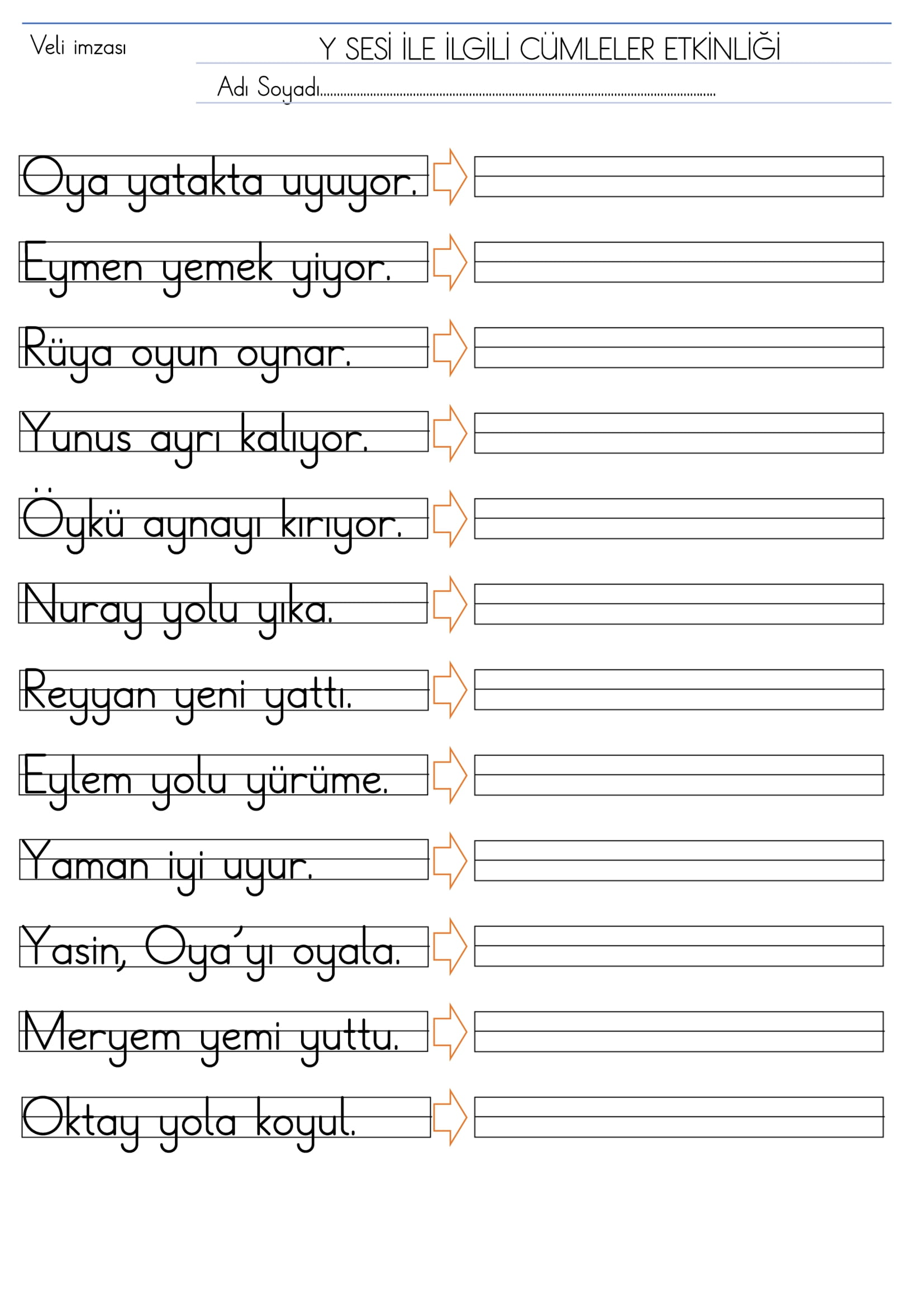 1. Sınıf İlk Okuma Yazma Y Sesi Cümleler Etkinliği