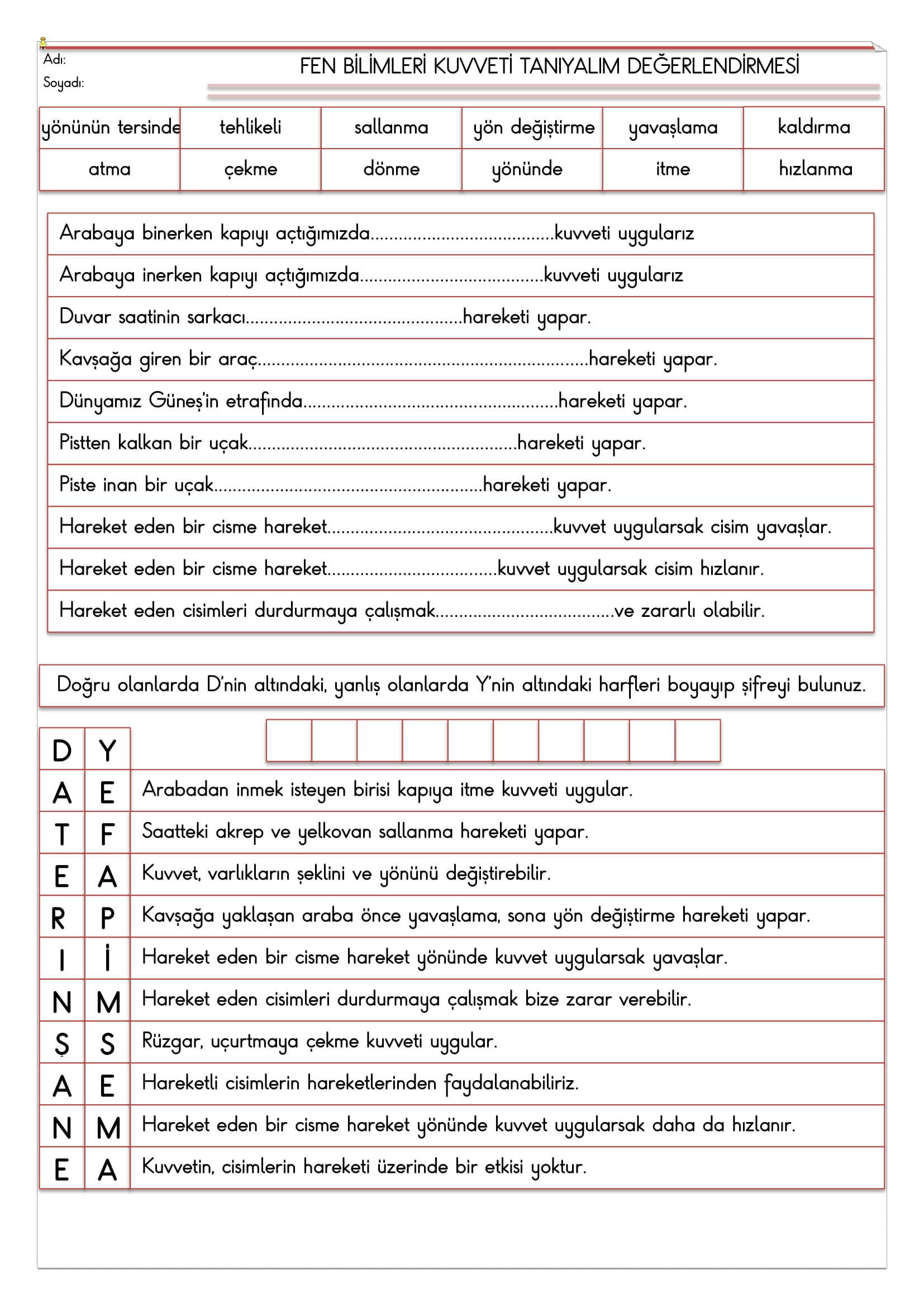 3. Sınıf Fen Bilimleri Kuvveti Tanıyalım Değerlendirmesi