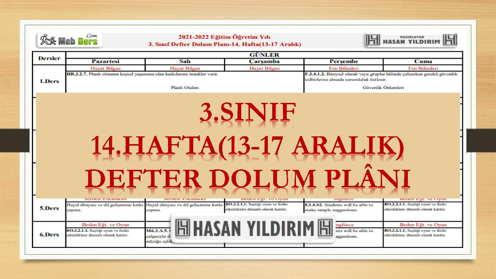3. Sınıf 14.Hafta(13-17 Aralık) Defter Dolum Planı