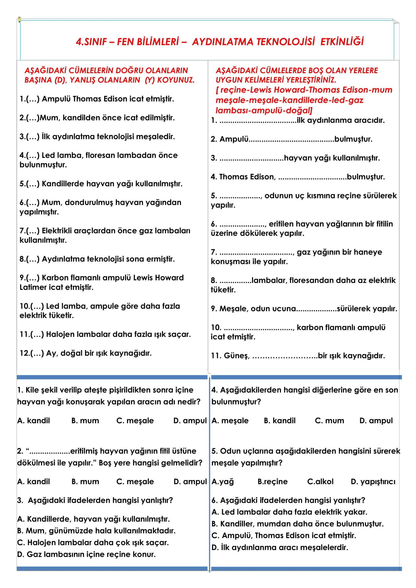 4. Sınıf Fen Bilimleri Aydınlatma Teknolojisi Etkinliği