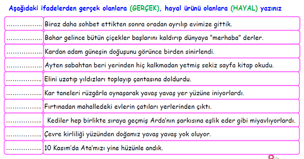 4. Sınıf Türkçe Gerçek ve Hayal Ürünü İfadeler Etkinliği